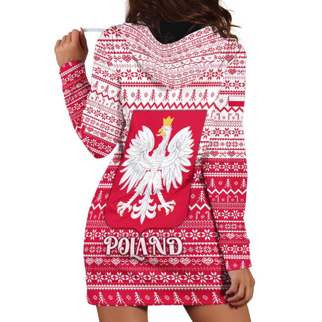 Poland Christmas Hoodie Dress with Santa Riding Stork White Eagle Emblem and Red Snowflake Knit Pattern Design - Wonder Print Shop