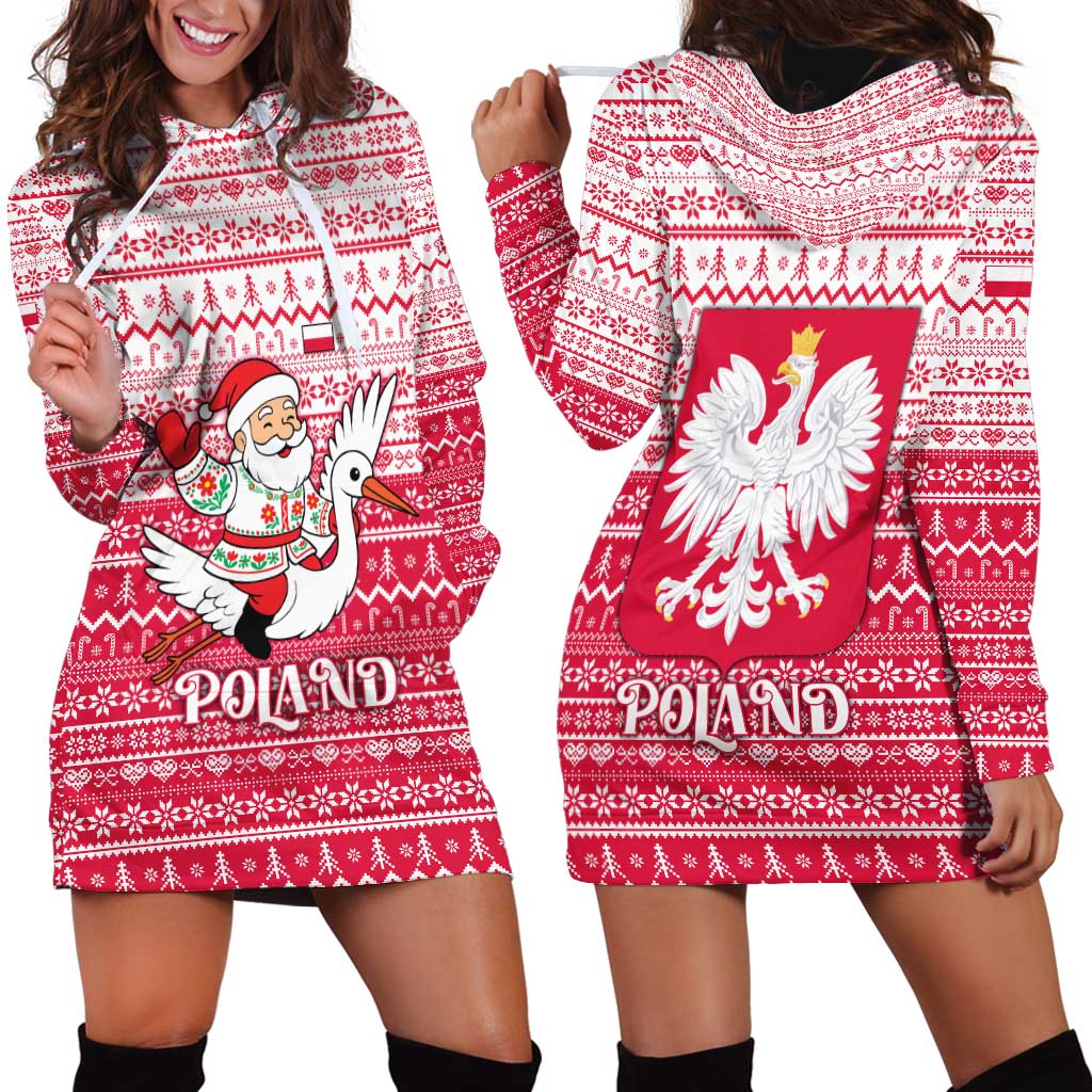 Poland Christmas Hoodie Dress with Santa Riding Stork White Eagle Emblem and Red Snowflake Knit Pattern Design - Wonder Print Shop