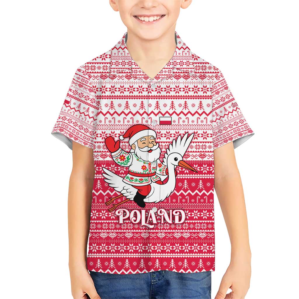 Poland Christmas Kid Hawaiian Shirt with Santa Riding Stork White Eagle Emblem and Red Snowflake Knit Pattern Design - Wonder Print Shop