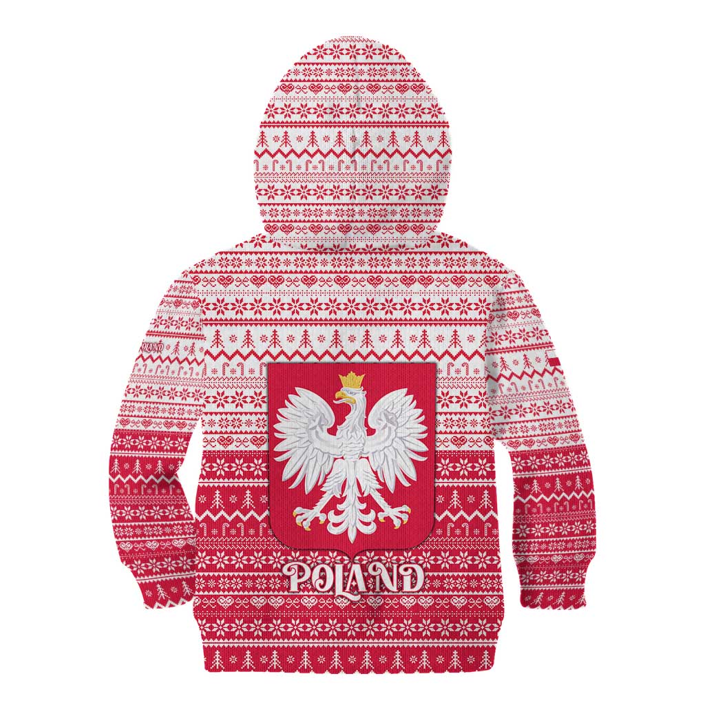 Poland Christmas Kid Hoodie with Santa Riding Stork White Eagle Emblem and Red Snowflake Knit Pattern Design - Wonder Print Shop