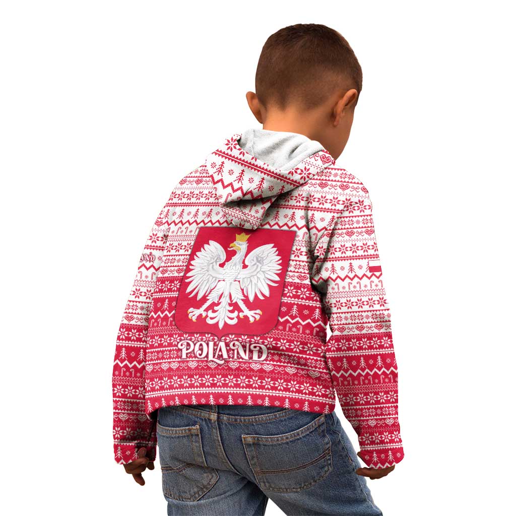 Poland Christmas Kid Hoodie with Santa Riding Stork White Eagle Emblem and Red Snowflake Knit Pattern Design - Wonder Print Shop