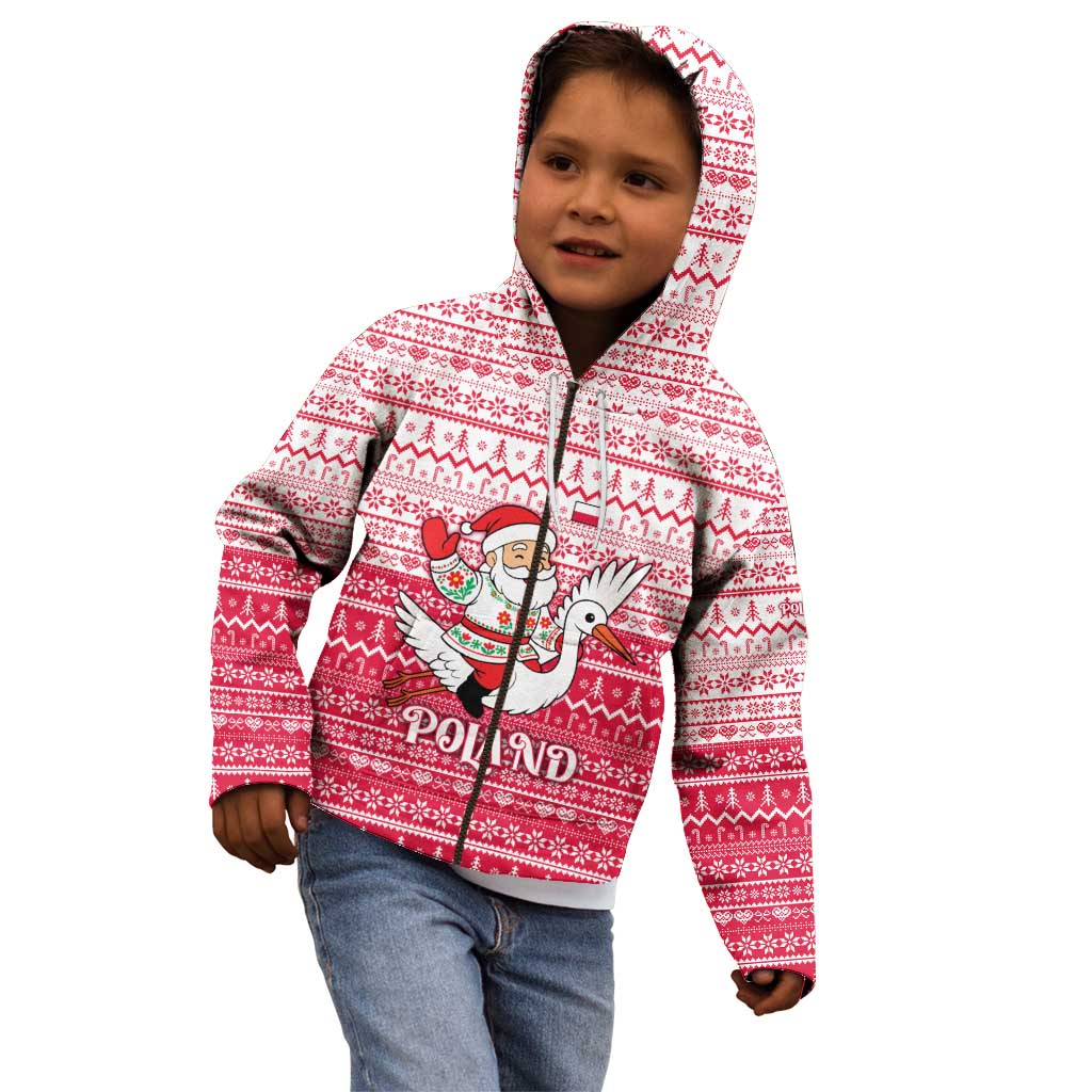Poland Christmas Kid Hoodie with Santa Riding Stork White Eagle Emblem and Red Snowflake Knit Pattern Design - Wonder Print Shop