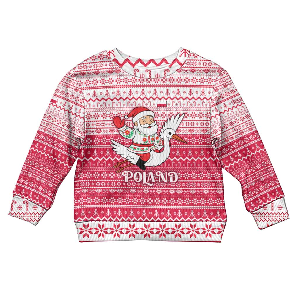 Poland Christmas Kid Ugly Christmas Sweater with Santa Riding Stork White Eagle Emblem and Red Snowflake Knit Pattern Design - Wonder Print Shop