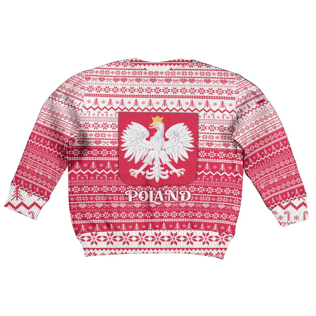 Poland Christmas Kid Ugly Christmas Sweater with Santa Riding Stork White Eagle Emblem and Red Snowflake Knit Pattern Design - Wonder Print Shop