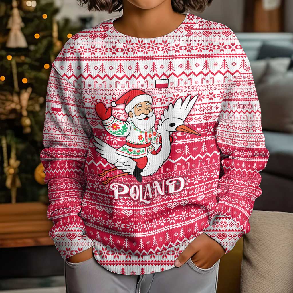 Poland Christmas Kid Ugly Christmas Sweater with Santa Riding Stork White Eagle Emblem and Red Snowflake Knit Pattern Design - Wonder Print Shop