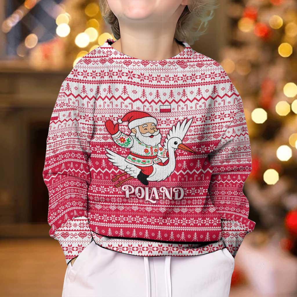 Poland Christmas Kid Ugly Christmas Sweater with Santa Riding Stork White Eagle Emblem and Red Snowflake Knit Pattern Design - Wonder Print Shop