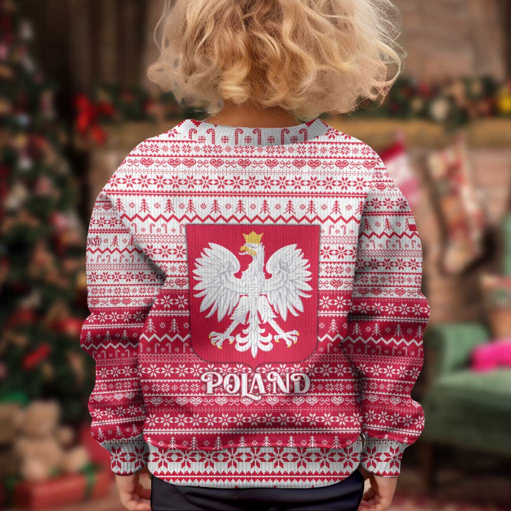 Poland Christmas Kid Ugly Christmas Sweater with Santa Riding Stork White Eagle Emblem and Red Snowflake Knit Pattern Design - Wonder Print Shop
