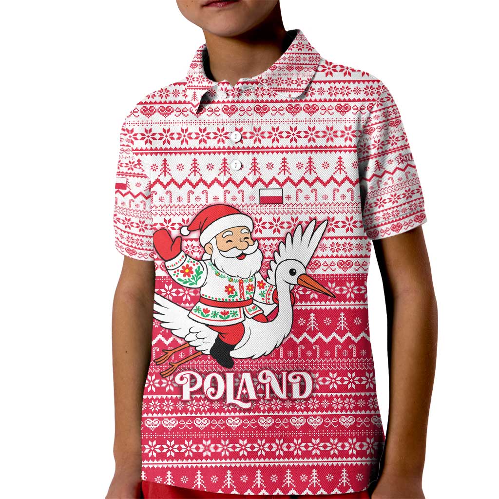 Poland Christmas Kid Polo Shirt with Santa Riding Stork White Eagle Emblem and Red Snowflake Knit Pattern Design - Wonder Print Shop