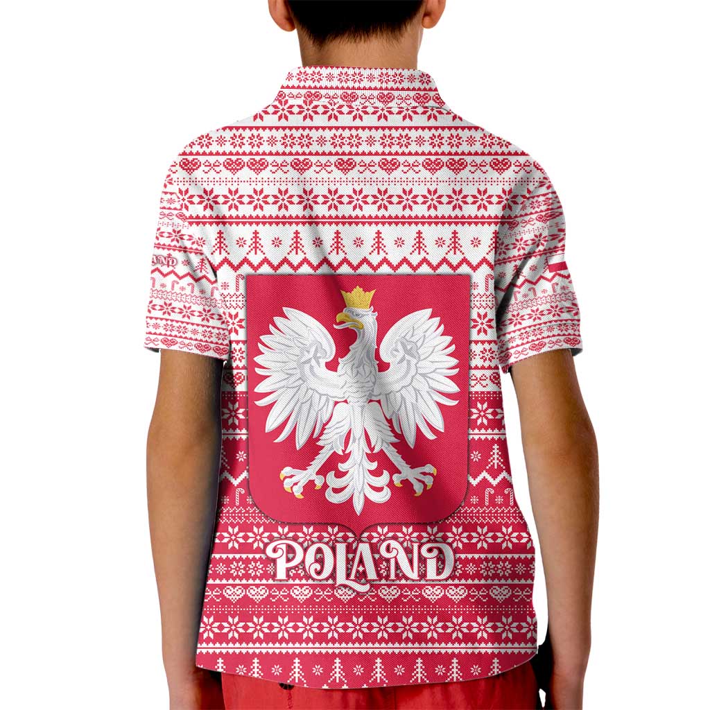 Poland Christmas Kid Polo Shirt with Santa Riding Stork White Eagle Emblem and Red Snowflake Knit Pattern Design - Wonder Print Shop