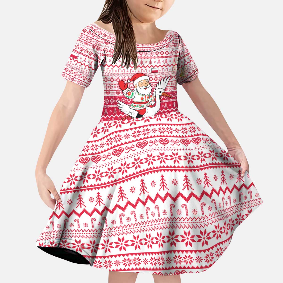 Poland Christmas Kid Short Sleeve Dress with Santa Riding Stork White Eagle Emblem and Red Snowflake Knit Pattern Design - Wonder Print Shop