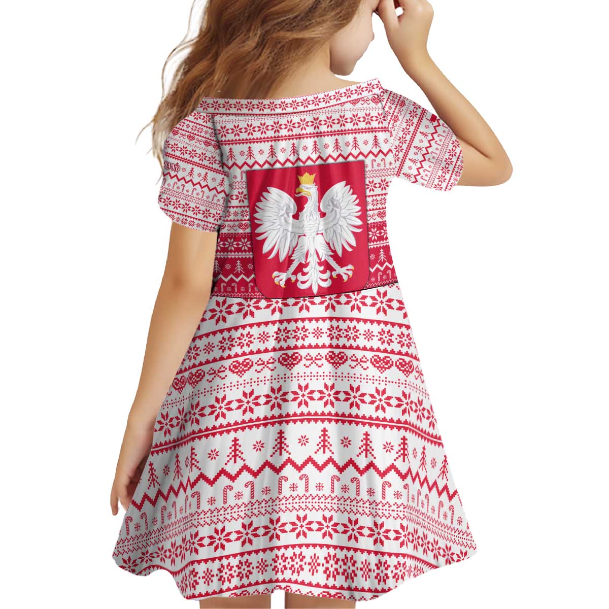 Poland Christmas Kid Short Sleeve Dress with Santa Riding Stork White Eagle Emblem and Red Snowflake Knit Pattern Design - Wonder Print Shop