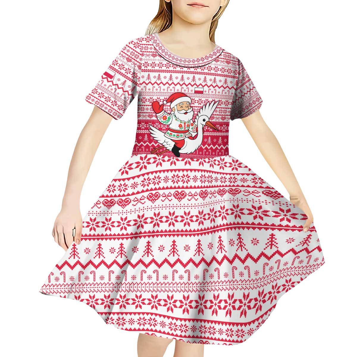 Poland Christmas Kid Short Sleeve Dress with Santa Riding Stork White Eagle Emblem and Red Snowflake Knit Pattern Design - Wonder Print Shop