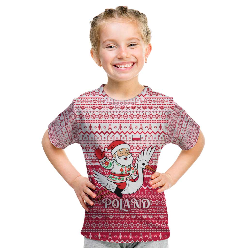 Poland Christmas Kid T Shirt with Santa Riding Stork White Eagle Emblem and Red Snowflake Knit Pattern Design - Wonder Print Shop