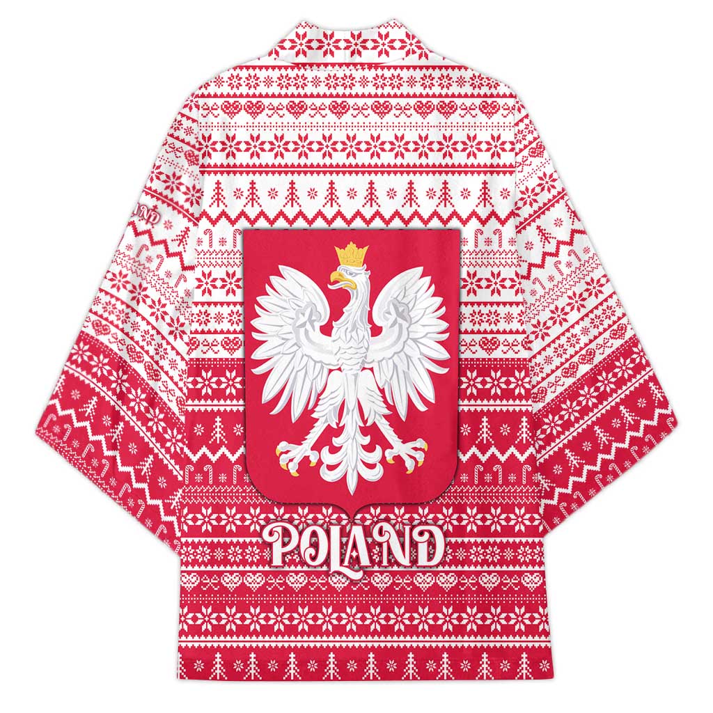 Poland Christmas Kimono with Santa Riding Stork White Eagle Emblem and Red Snowflake Knit Pattern Design - Wonder Print Shop