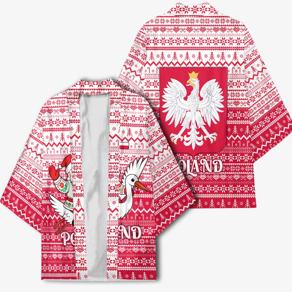 Poland Christmas Kimono with Santa Riding Stork White Eagle Emblem and Red Snowflake Knit Pattern Design - Wonder Print Shop