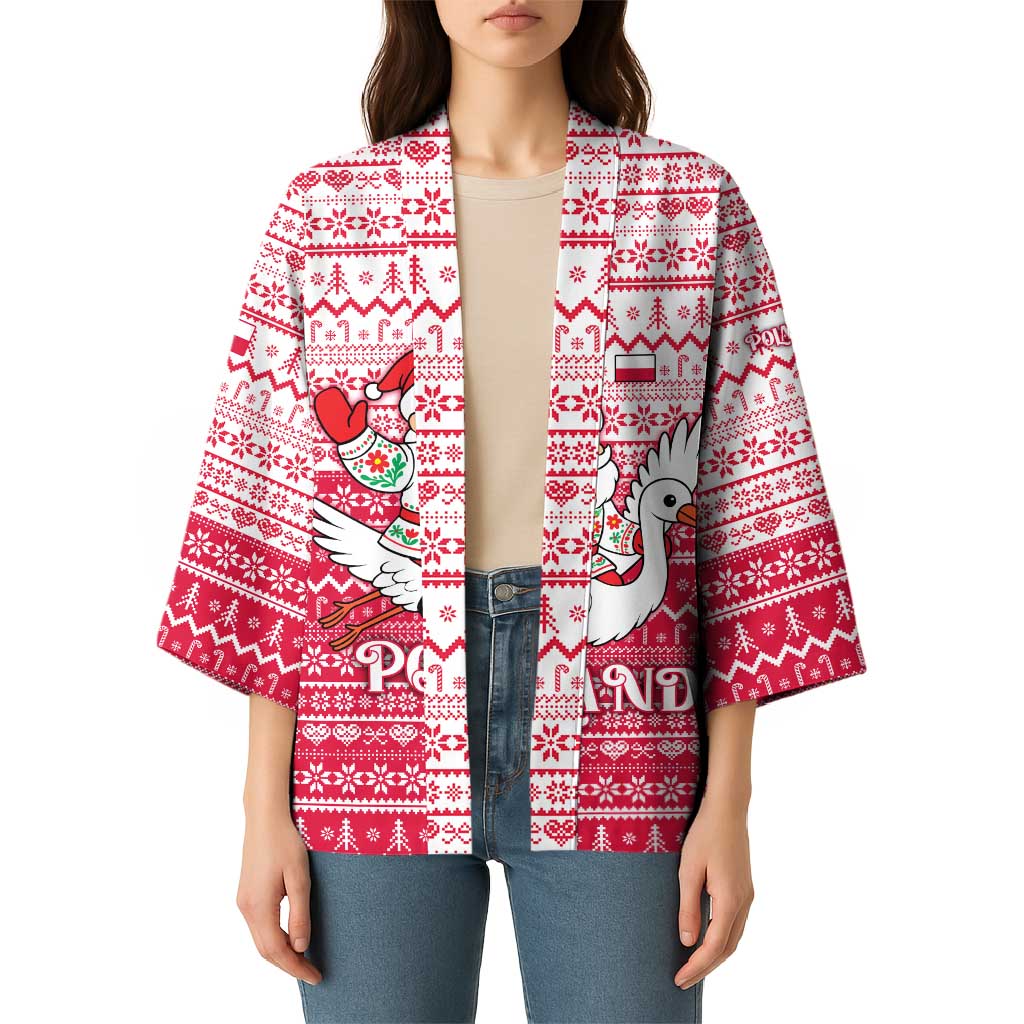 Poland Christmas Kimono with Santa Riding Stork White Eagle Emblem and Red Snowflake Knit Pattern Design - Wonder Print Shop