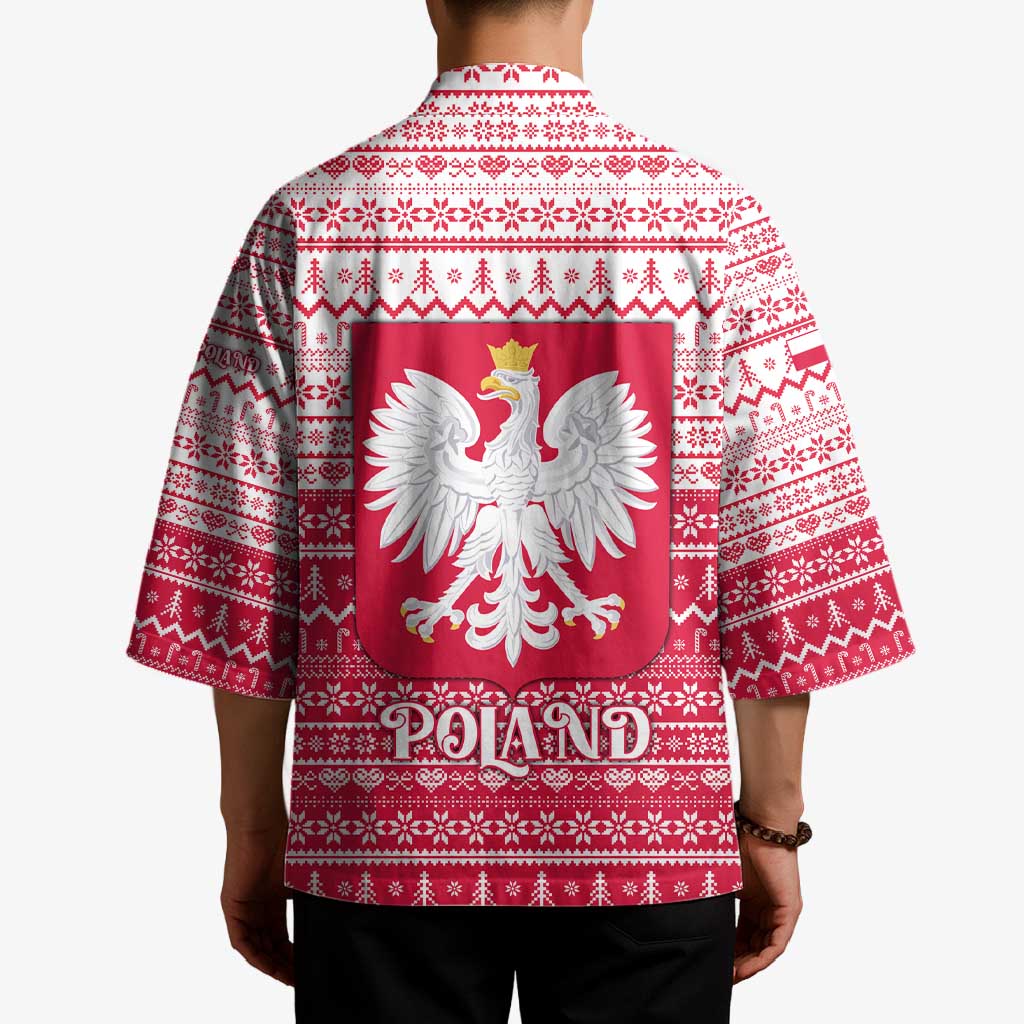 Poland Christmas Kimono with Santa Riding Stork White Eagle Emblem and Red Snowflake Knit Pattern Design - Wonder Print Shop