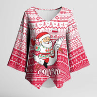 Poland Christmas Kimono Sleeve Blouse with Santa Riding Stork White Eagle Emblem and Red Snowflake Knit Pattern Design - Wonder Print Shop
