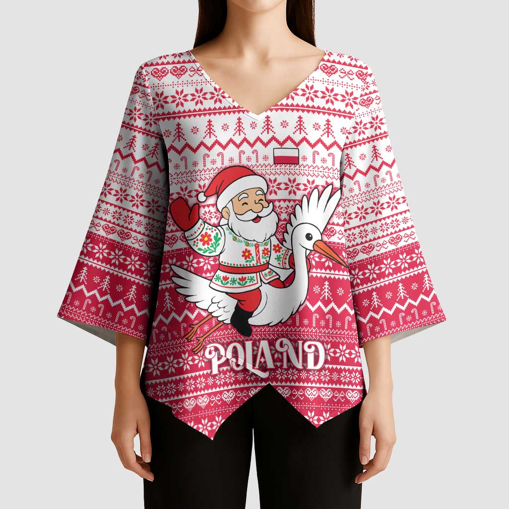 Poland Christmas Kimono Sleeve Blouse with Santa Riding Stork White Eagle Emblem and Red Snowflake Knit Pattern Design - Wonder Print Shop