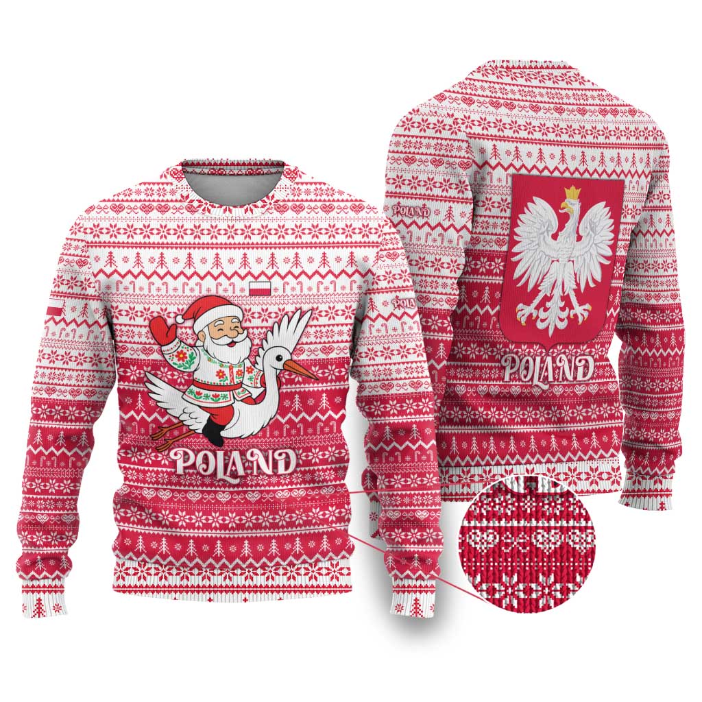 Poland Christmas Ugly Christmas Sweater with Santa Riding Stork White Eagle Emblem and Red Snowflake Knit Pattern Design - Wonder Print Shop