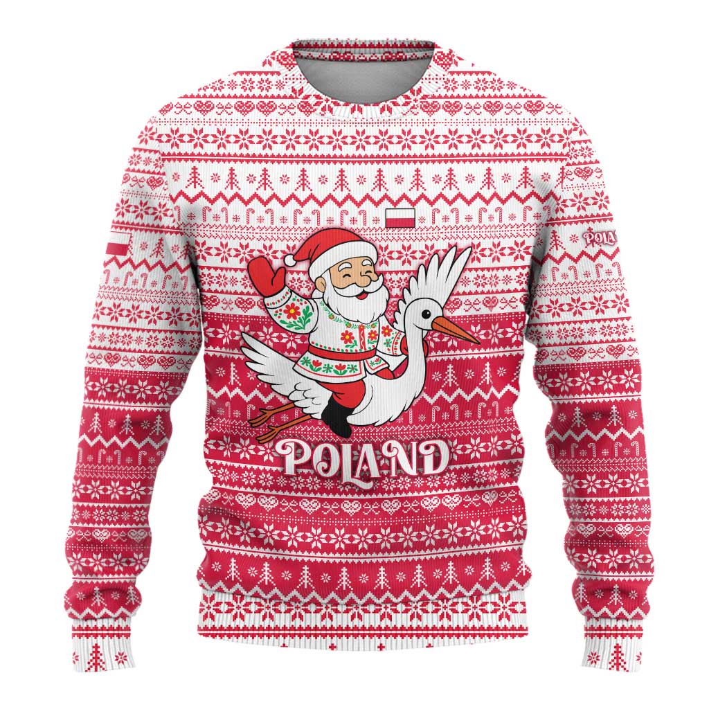 Poland Christmas Ugly Christmas Sweater with Santa Riding Stork White Eagle Emblem and Red Snowflake Knit Pattern Design - Wonder Print Shop