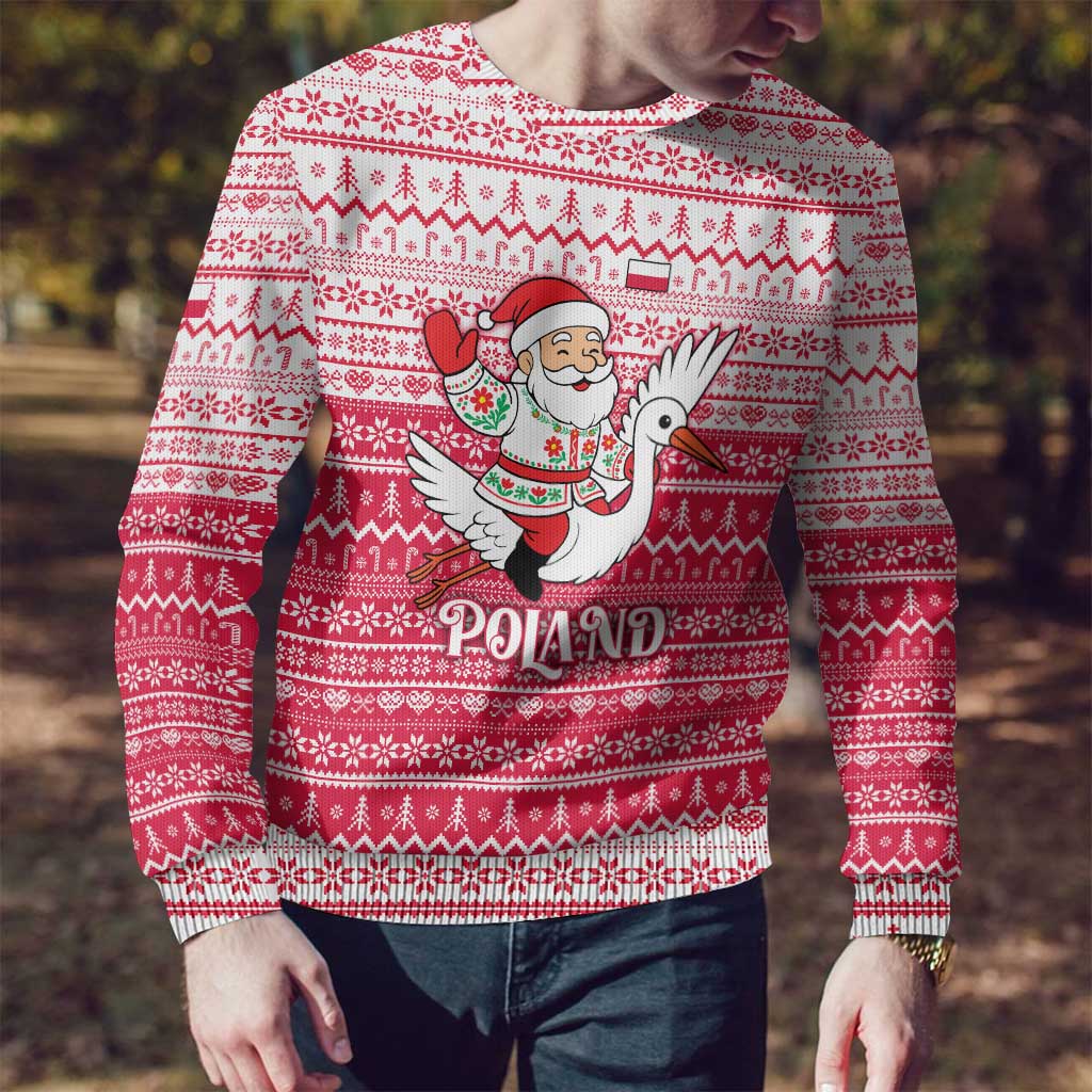 Poland Christmas Ugly Christmas Sweater with Santa Riding Stork White Eagle Emblem and Red Snowflake Knit Pattern Design - Wonder Print Shop