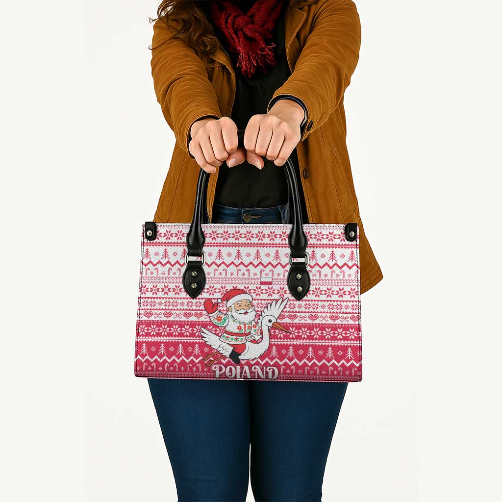 Poland Christmas Leather Bag with Santa Riding Stork White Eagle Emblem and Red Snowflake Knit Pattern Design - Wonder Print Shop