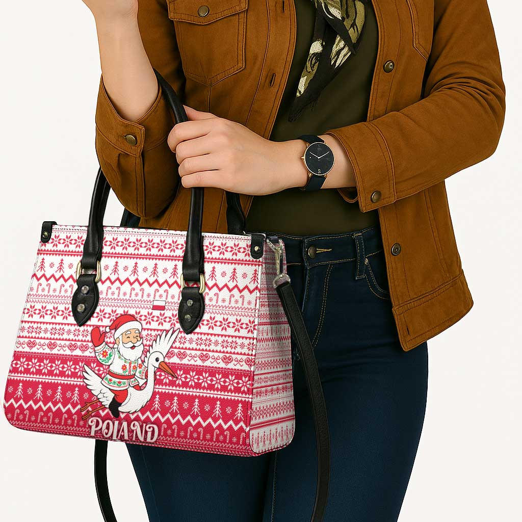 Poland Christmas Leather Bag with Santa Riding Stork White Eagle Emblem and Red Snowflake Knit Pattern Design - Wonder Print Shop