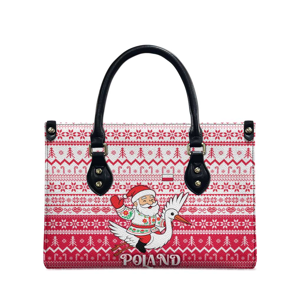 Poland Christmas Leather Bag with Santa Riding Stork White Eagle Emblem and Red Snowflake Knit Pattern Design - Wonder Print Shop