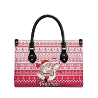 Poland Christmas Leather Bag with Santa Riding Stork White Eagle Emblem and Red Snowflake Knit Pattern Design - Wonder Print Shop