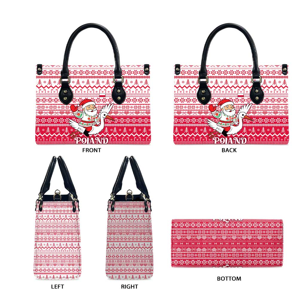 Poland Christmas Leather Bag with Santa Riding Stork White Eagle Emblem and Red Snowflake Knit Pattern Design - Wonder Print Shop