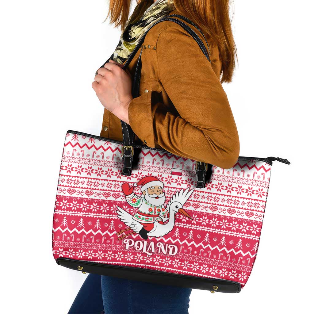 Poland Christmas Leather Tote Bag with Santa Riding Stork White Eagle Emblem and Red Snowflake Knit Pattern Design - Wonder Print Shop