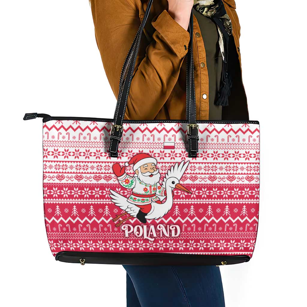 Poland Christmas Leather Tote Bag with Santa Riding Stork White Eagle Emblem and Red Snowflake Knit Pattern Design - Wonder Print Shop