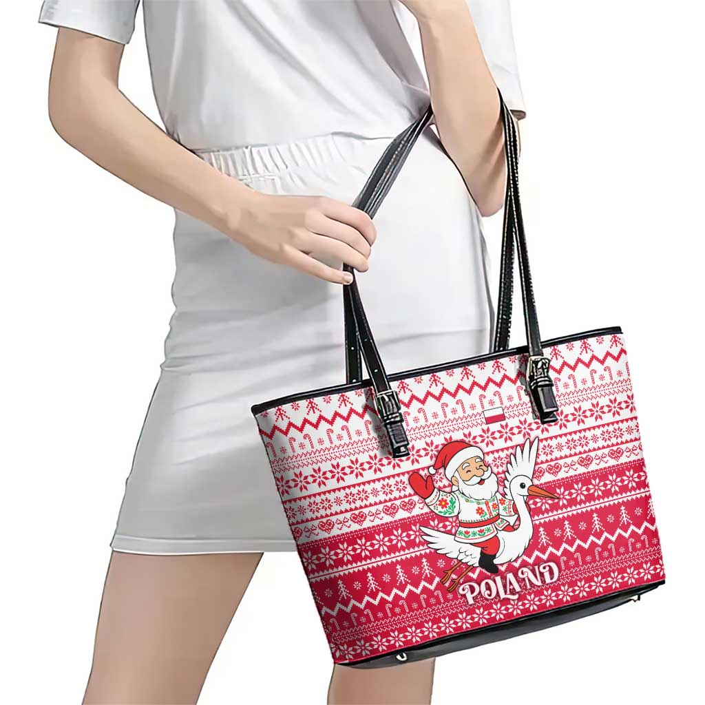Poland Christmas Leather Tote Bag with Santa Riding Stork White Eagle Emblem and Red Snowflake Knit Pattern Design - Wonder Print Shop