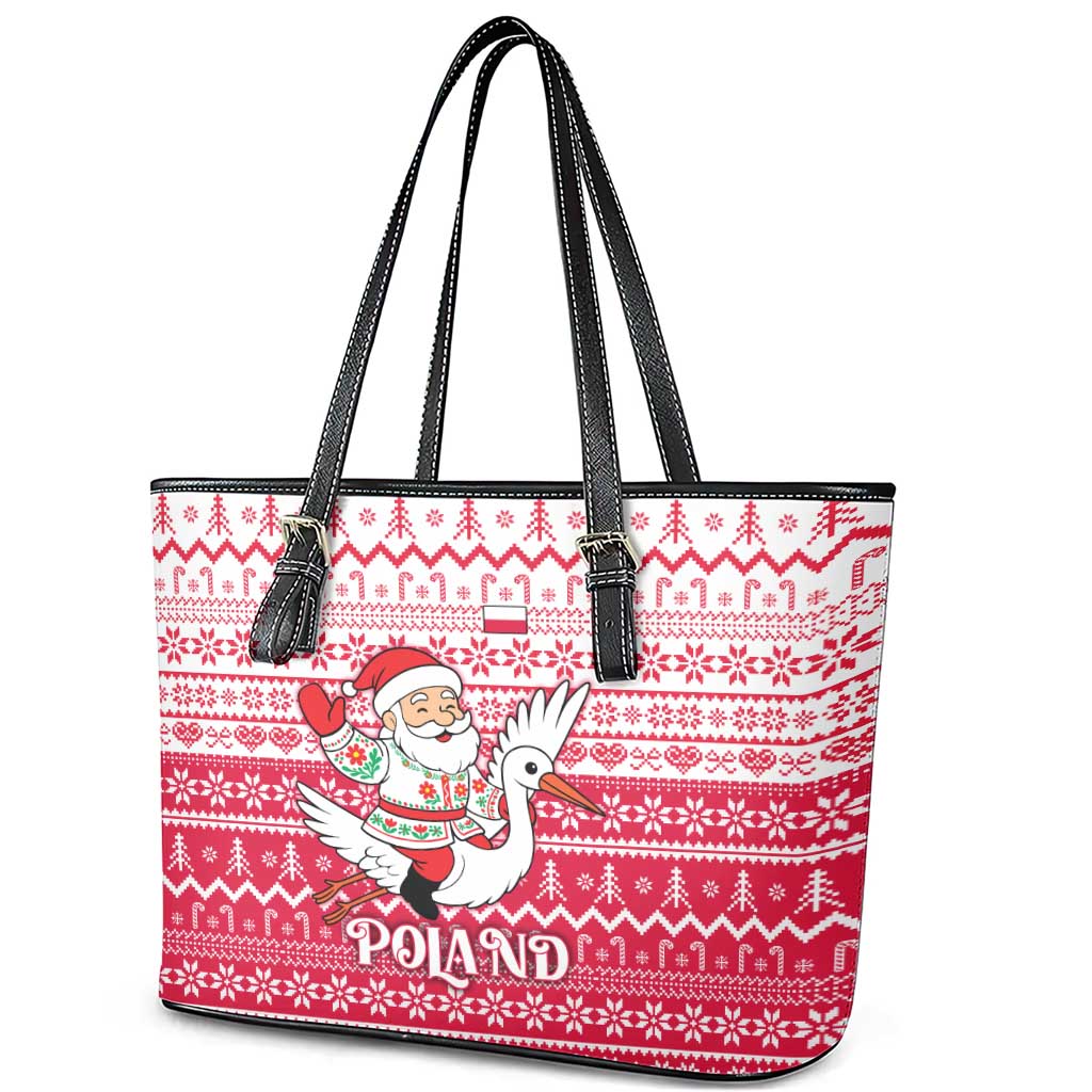 Poland Christmas Leather Tote Bag with Santa Riding Stork White Eagle Emblem and Red Snowflake Knit Pattern Design - Wonder Print Shop