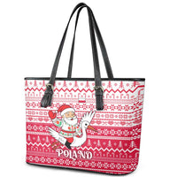 Poland Christmas Leather Tote Bag with Santa Riding Stork White Eagle Emblem and Red Snowflake Knit Pattern Design - Wonder Print Shop