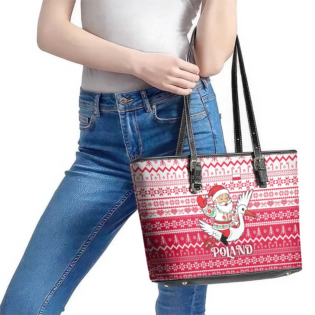 Poland Christmas Leather Tote Bag with Santa Riding Stork White Eagle Emblem and Red Snowflake Knit Pattern Design - Wonder Print Shop
