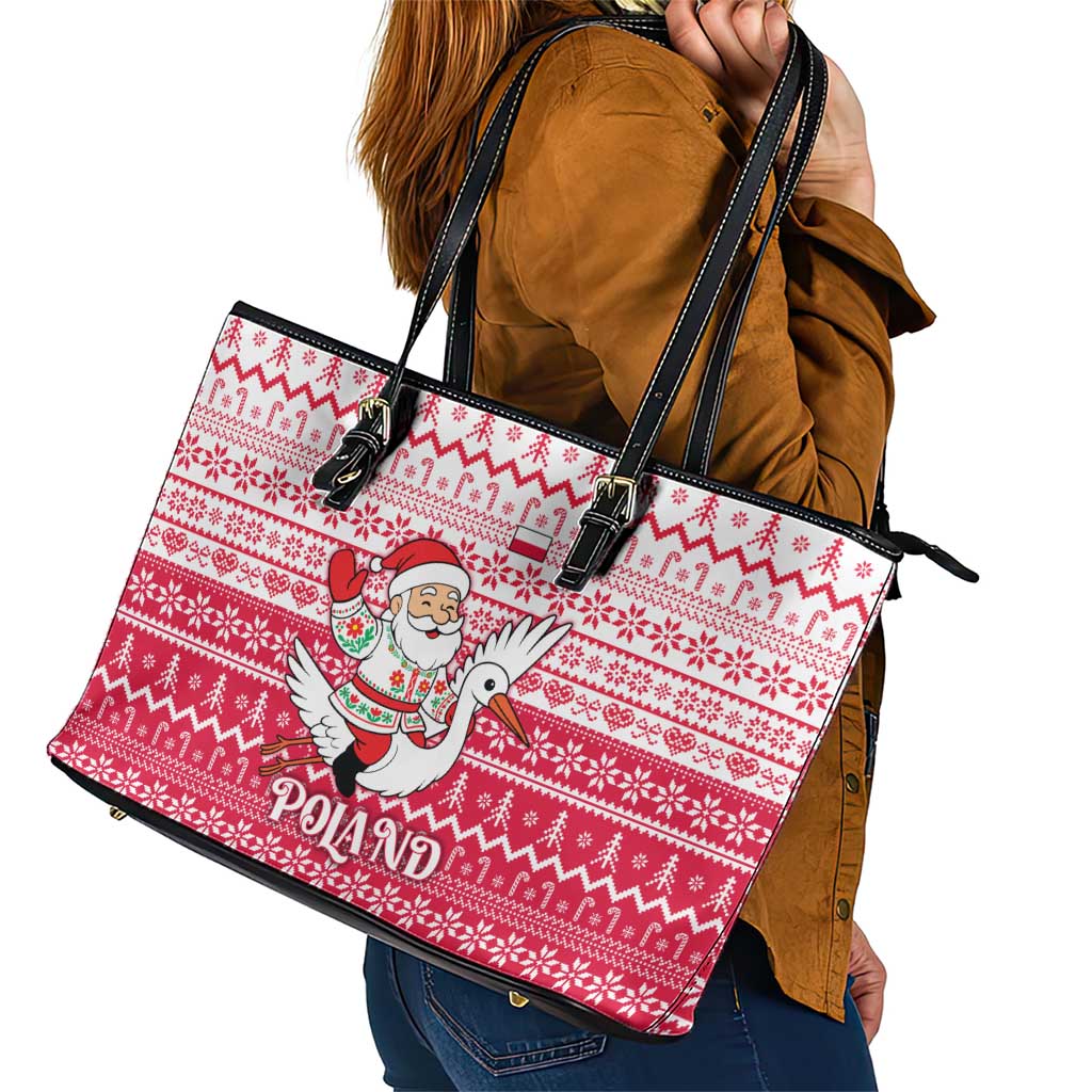 Poland Christmas Leather Tote Bag with Santa Riding Stork White Eagle Emblem and Red Snowflake Knit Pattern Design - Wonder Print Shop