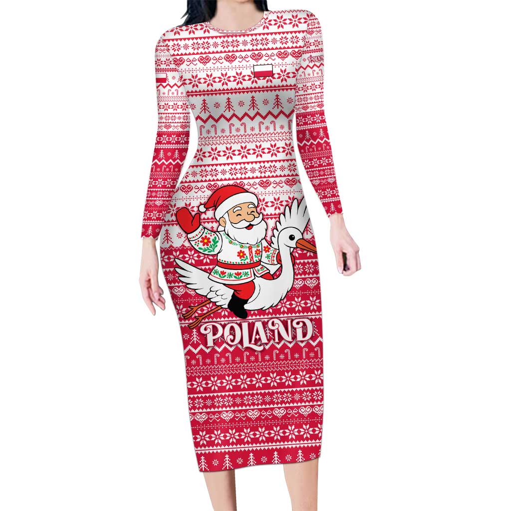 Poland Christmas Long Sleeve Bodycon Dress with Santa Riding Stork White Eagle Emblem and Red Snowflake Knit Pattern Design - Wonder Print Shop