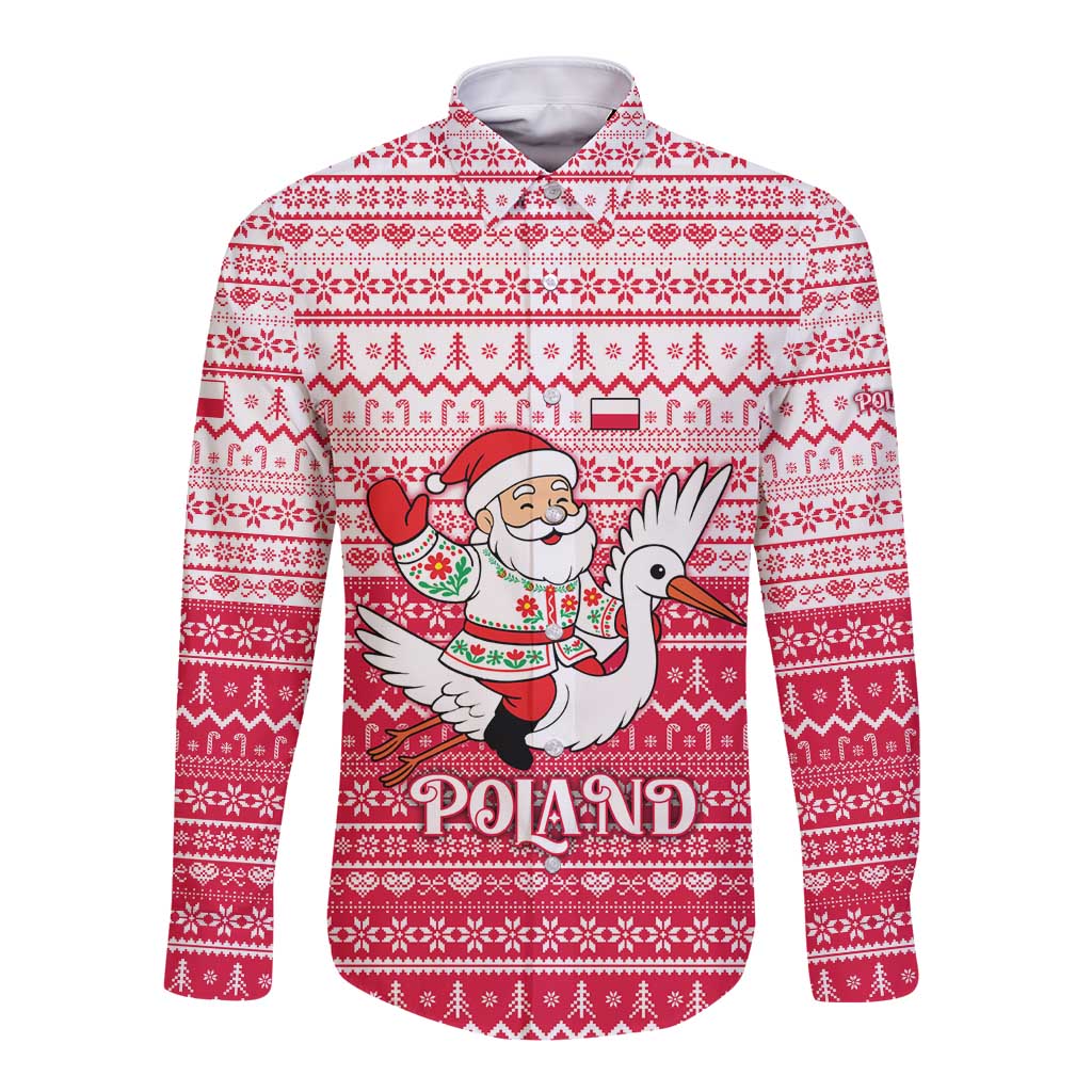 Poland Christmas Long Sleeve Button Shirt with Santa Riding Stork White Eagle Emblem and Red Snowflake Knit Pattern Design - Wonder Print Shop