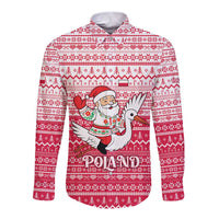 Poland Christmas Long Sleeve Button Shirt with Santa Riding Stork White Eagle Emblem and Red Snowflake Knit Pattern Design - Wonder Print Shop