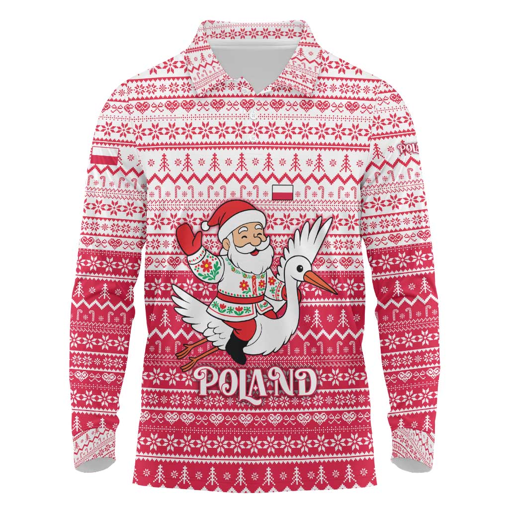 Poland Christmas Long Sleeve Polo Shirt with Santa Riding Stork White Eagle Emblem and Red Snowflake Knit Pattern Design - Wonder Print Shop