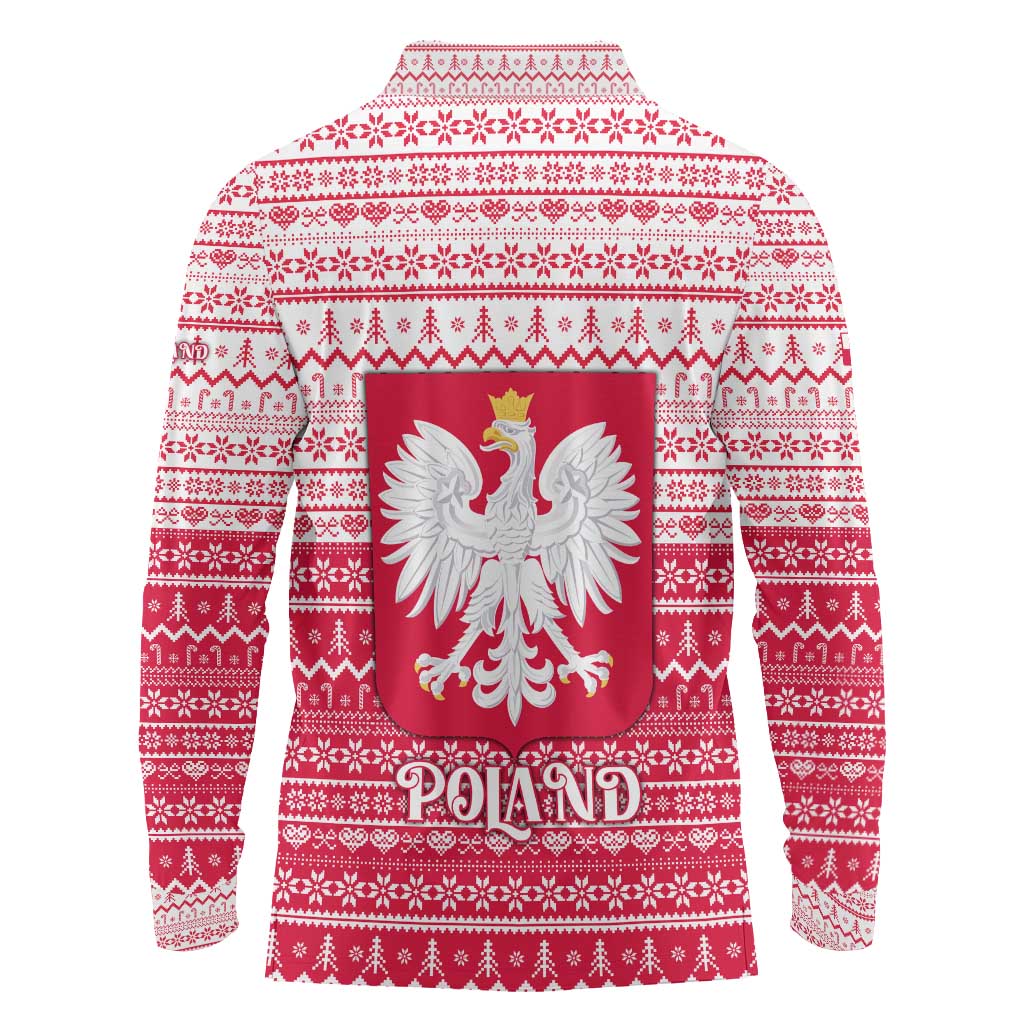 Poland Christmas Long Sleeve Polo Shirt with Santa Riding Stork White Eagle Emblem and Red Snowflake Knit Pattern Design - Wonder Print Shop