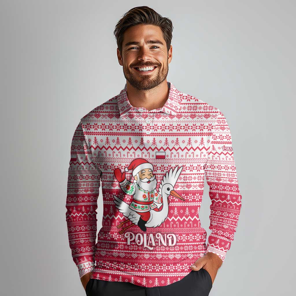 Poland Christmas Long Sleeve Polo Shirt with Santa Riding Stork White Eagle Emblem and Red Snowflake Knit Pattern Design - Wonder Print Shop