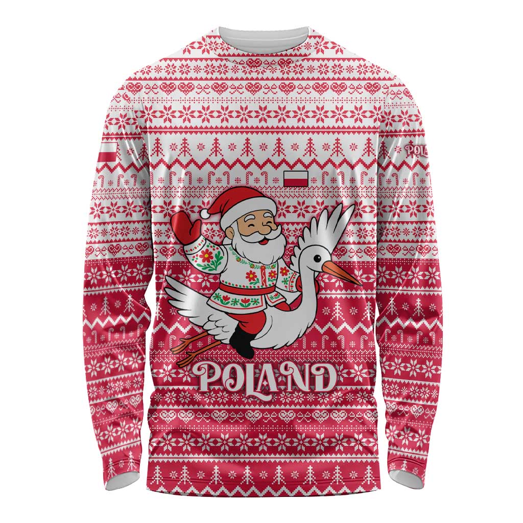 Poland Christmas Long Sleeve Shirt with Santa Riding Stork White Eagle Emblem and Red Snowflake Knit Pattern Design - Wonder Print Shop