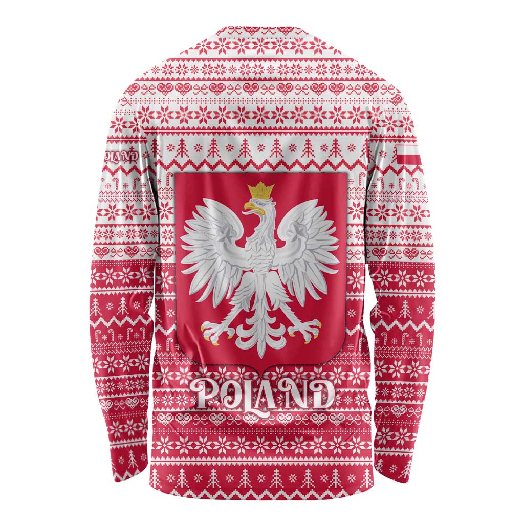 Poland Christmas Long Sleeve Shirt with Santa Riding Stork White Eagle Emblem and Red Snowflake Knit Pattern Design - Wonder Print Shop