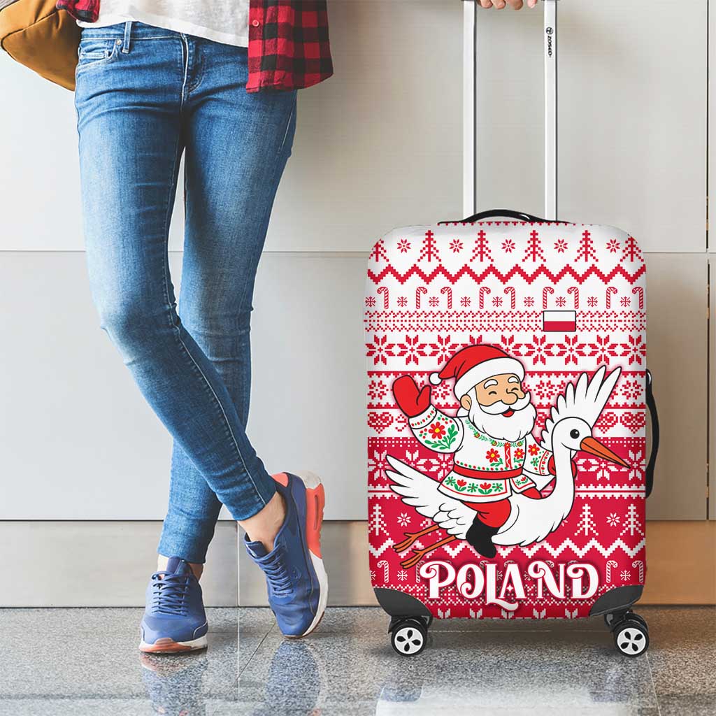 Poland Christmas Luggage Cover with Santa Riding Stork White Eagle Emblem and Red Snowflake Knit Pattern Design - Wonder Print Shop