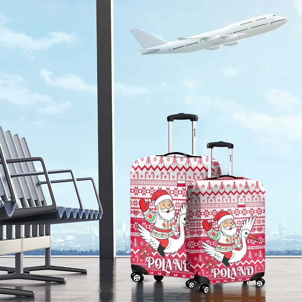 Poland Christmas Luggage Cover with Santa Riding Stork White Eagle Emblem and Red Snowflake Knit Pattern Design - Wonder Print Shop