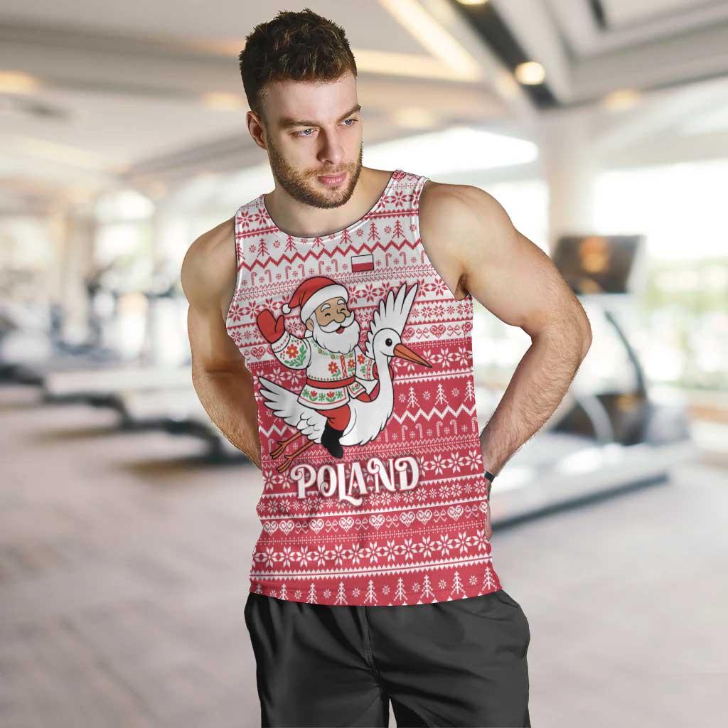 Poland Christmas Men Tank Top with Santa Riding Stork White Eagle Emblem and Red Snowflake Knit Pattern Design - Wonder Print Shop