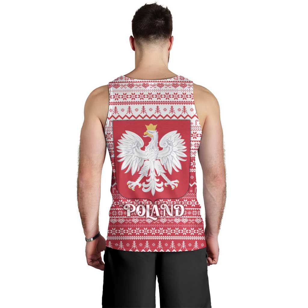 Poland Christmas Men Tank Top with Santa Riding Stork White Eagle Emblem and Red Snowflake Knit Pattern Design - Wonder Print Shop